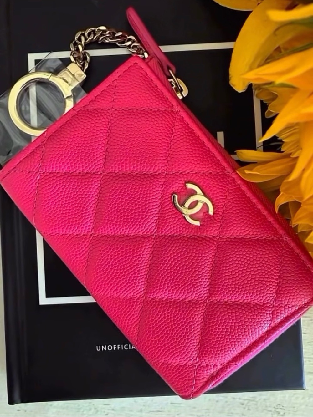 CHANEL Hot Pink Quilted Caviar Leather Card Wallet with Gold Chain